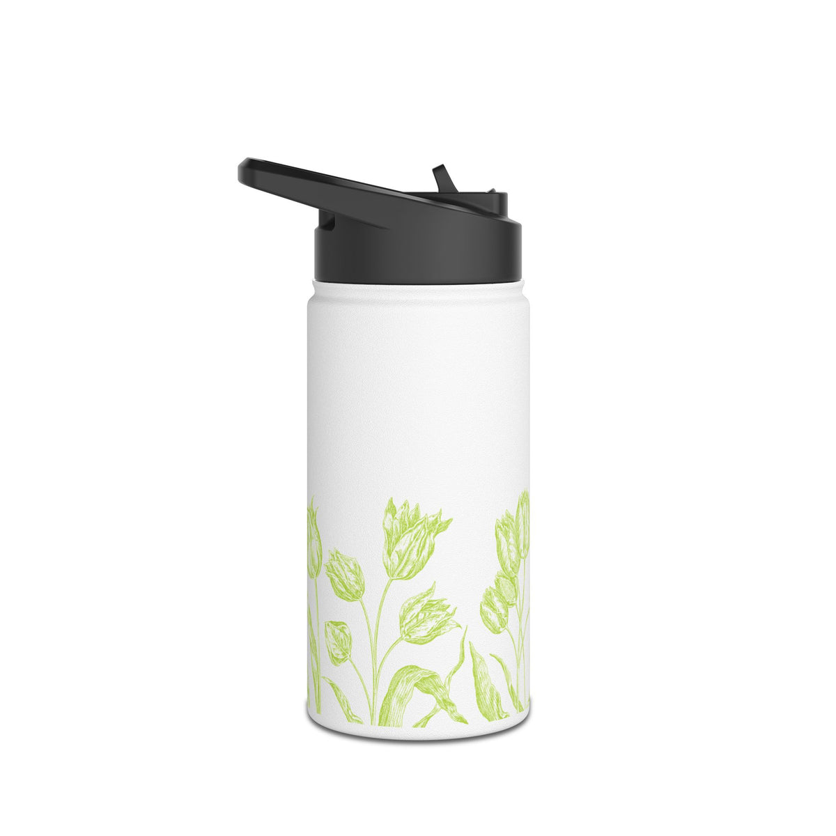 Lime Green Tulip Sketch Stainless Steel Water Bottle | Floral Botanical