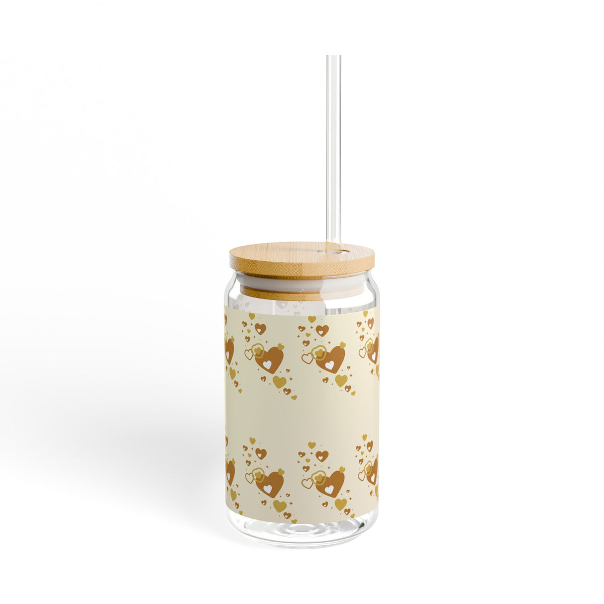 Brown Heart Pattern Sipper Glass | 16oz Bamboo Lid Straw