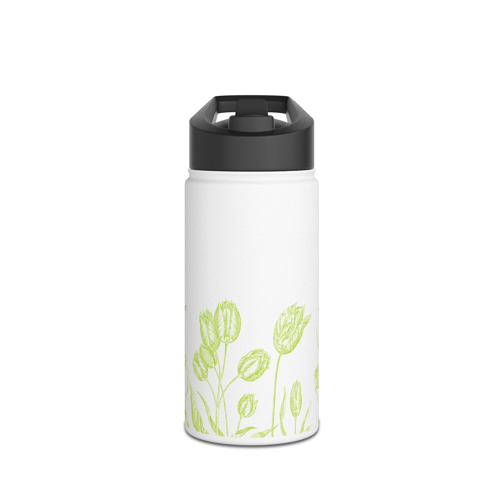 Lime Green Tulip Sketch Stainless Steel Water Bottle | Floral Botanical