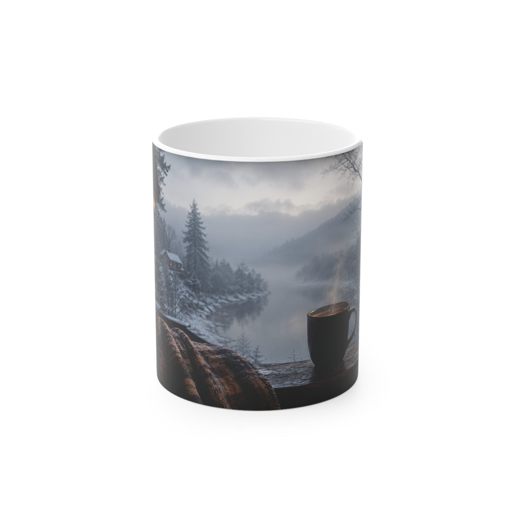 Cozy Lakeside Cabin Winter Scene Mug | Foggy Mountain Morning with Coffee