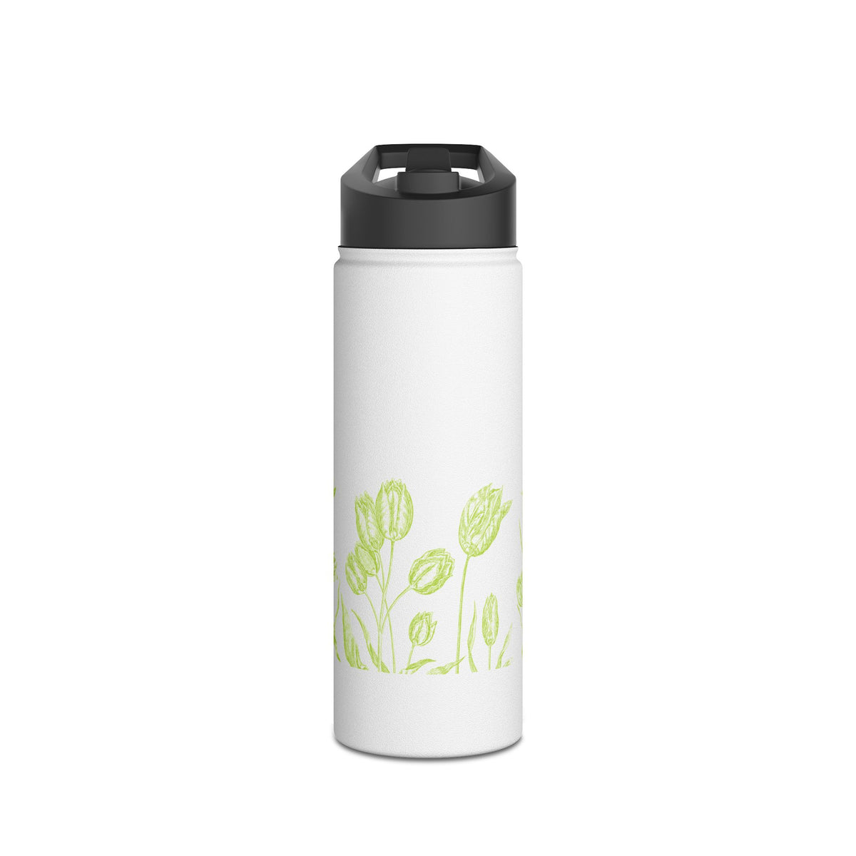 Lime Green Tulip Sketch Stainless Steel Water Bottle | Floral Botanical