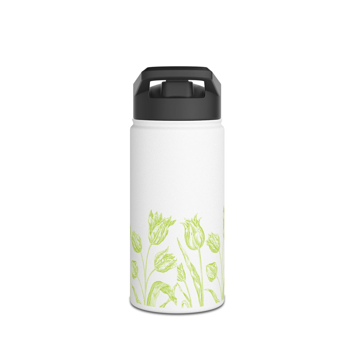 Lime Green Tulip Sketch Stainless Steel Water Bottle | Floral Botanical