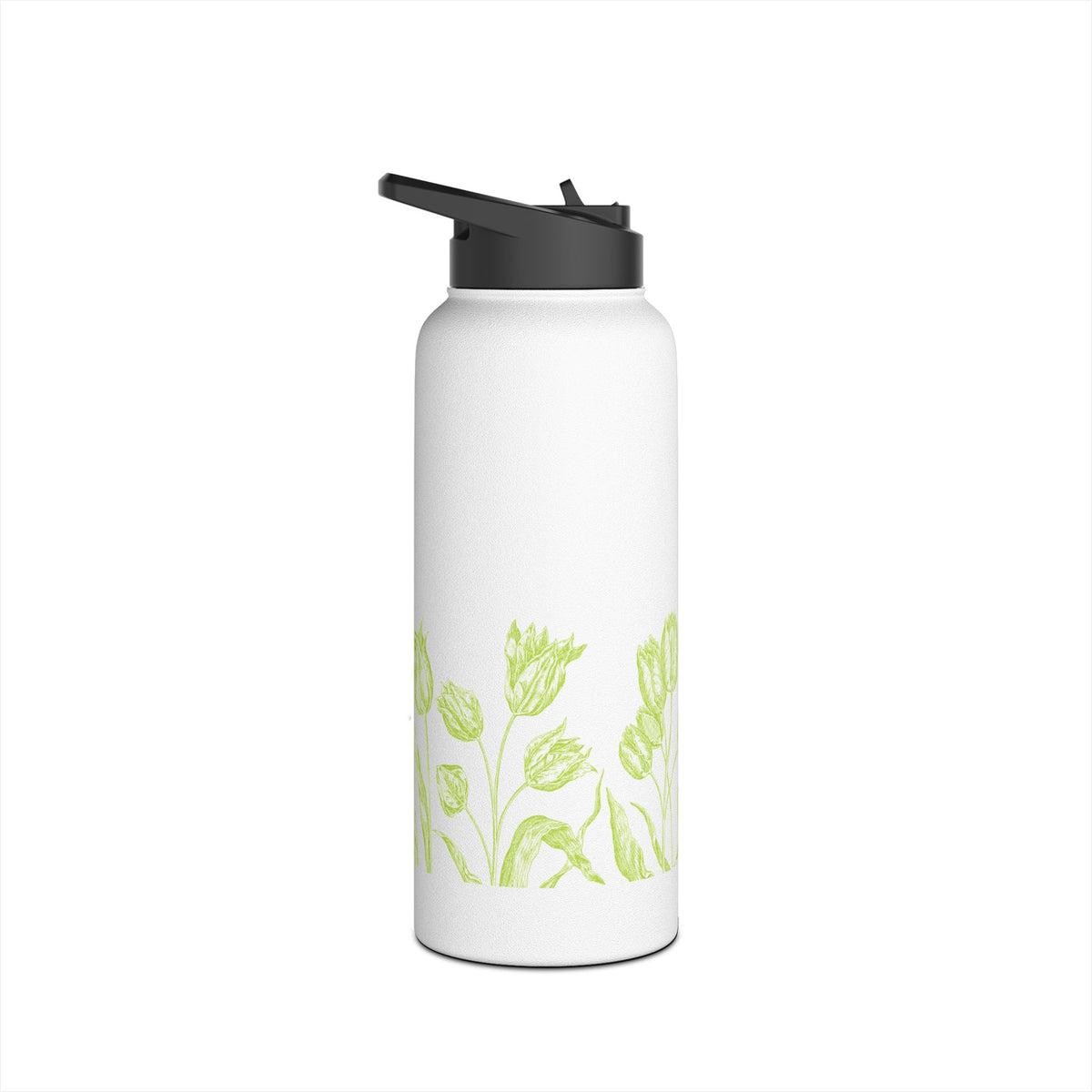 Lime Green Tulip Sketch Stainless Steel Water Bottle | Floral Botanical