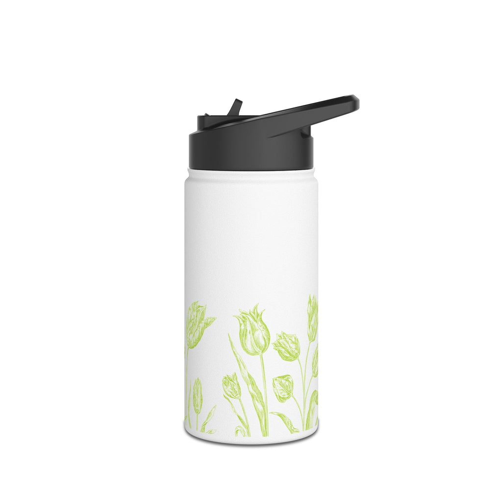 Lime Green Tulip Sketch Stainless Steel Water Bottle | Floral Botanical