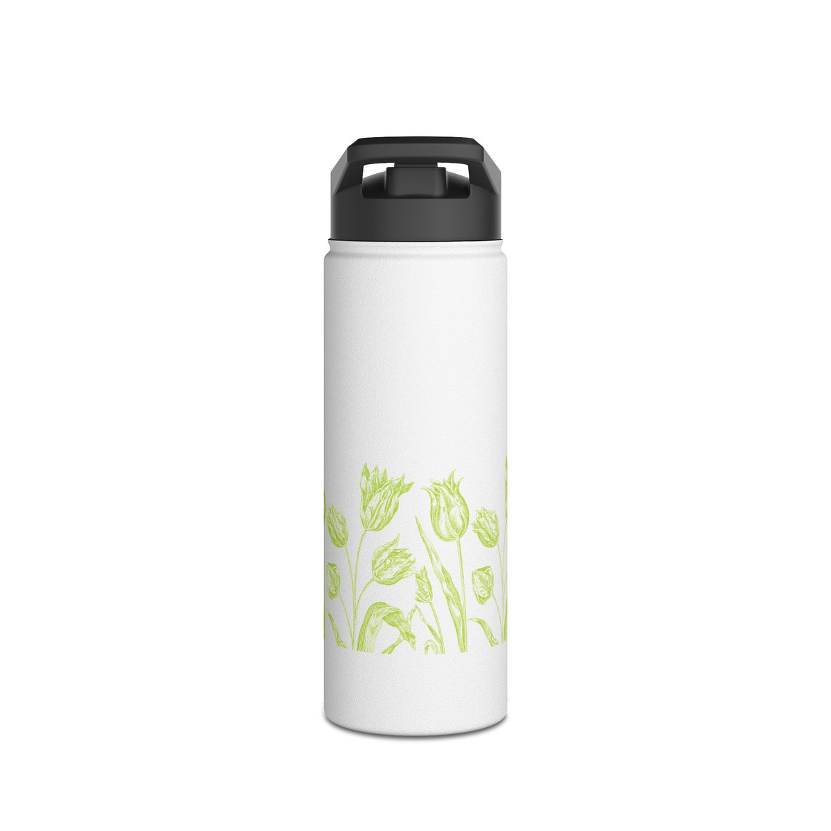 Lime Green Tulip Sketch Stainless Steel Water Bottle | Floral Botanical