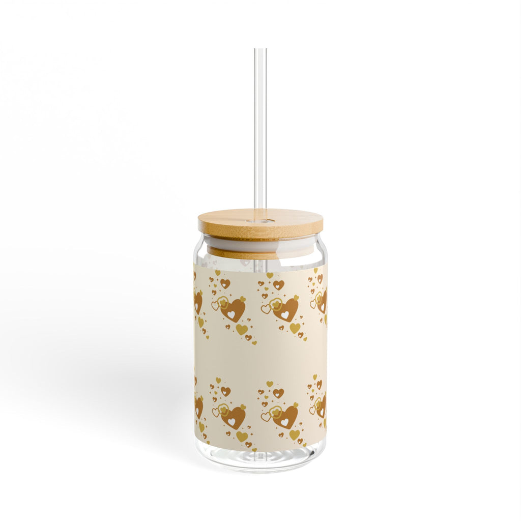 Brown Heart Pattern Sipper Glass | 16oz Bamboo Lid Straw