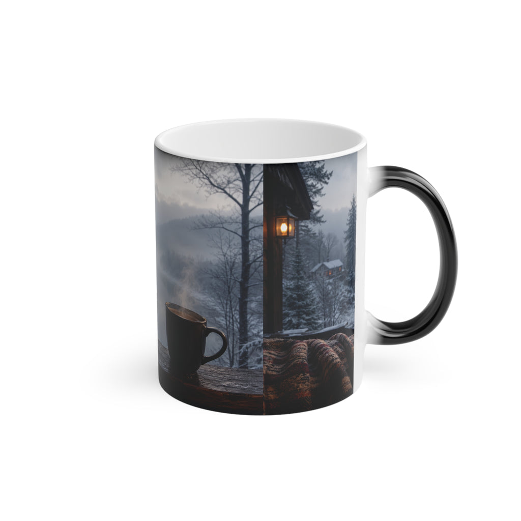 Cozy Lakeside Cabin Winter Scene Mug | Foggy Mountain Morning with Coffee