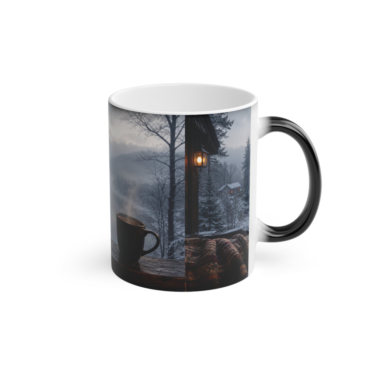 Cozy Lakeside Cabin Winter Scene Mug | Foggy Mountain Morning with Coffee