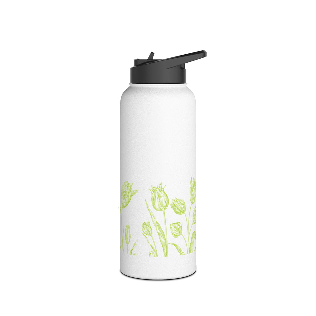Lime Green Tulip Sketch Stainless Steel Water Bottle | Floral Botanical