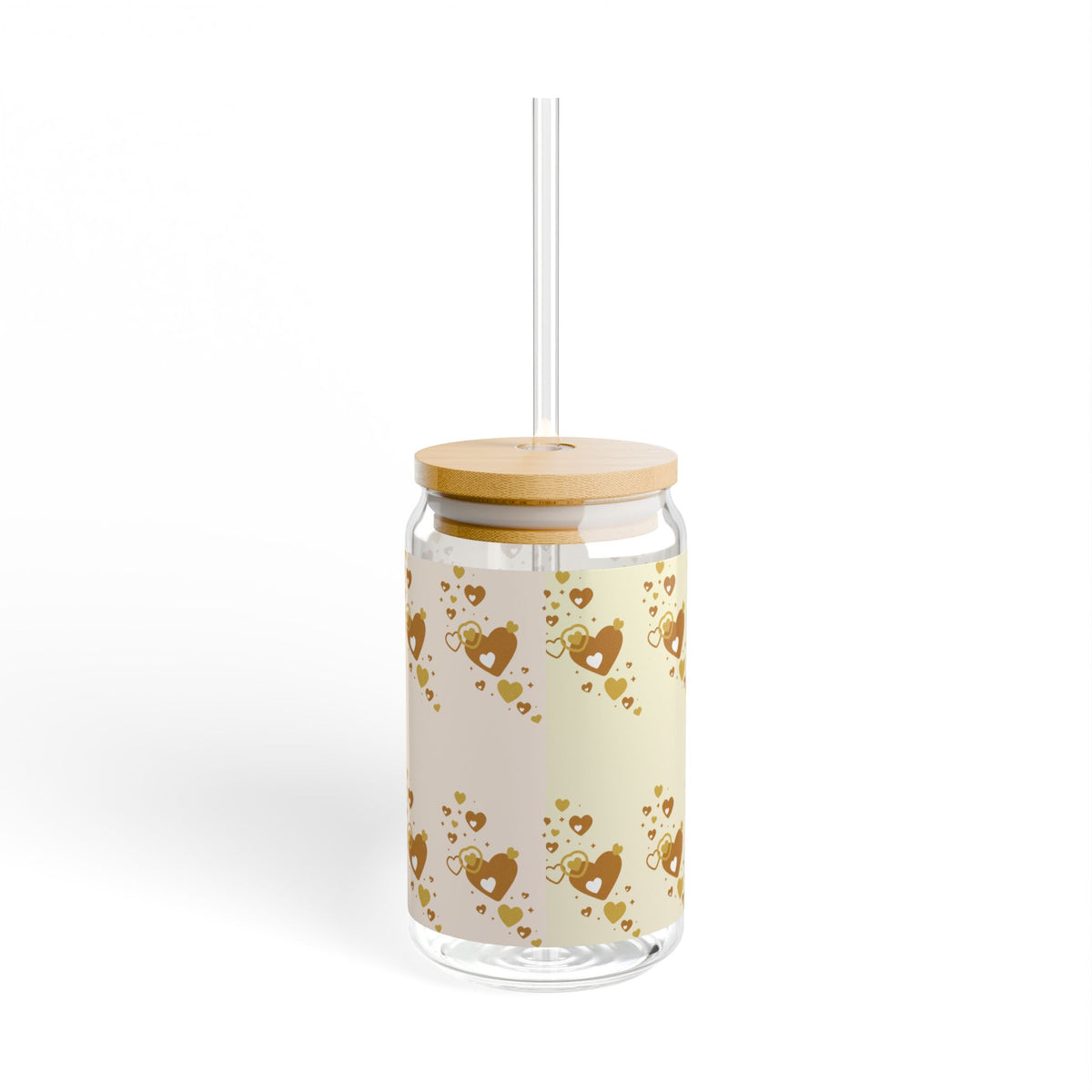 Brown Heart Pattern Sipper Glass | 16oz Bamboo Lid Straw