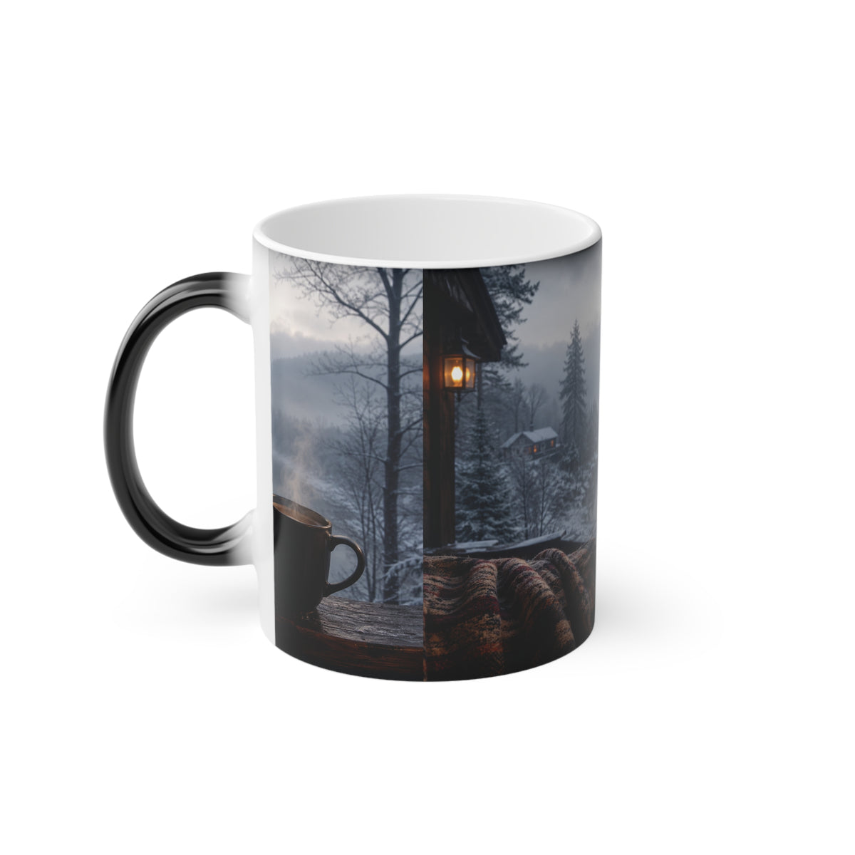 Cozy Lakeside Cabin Winter Scene Mug | Foggy Mountain Morning with Coffee