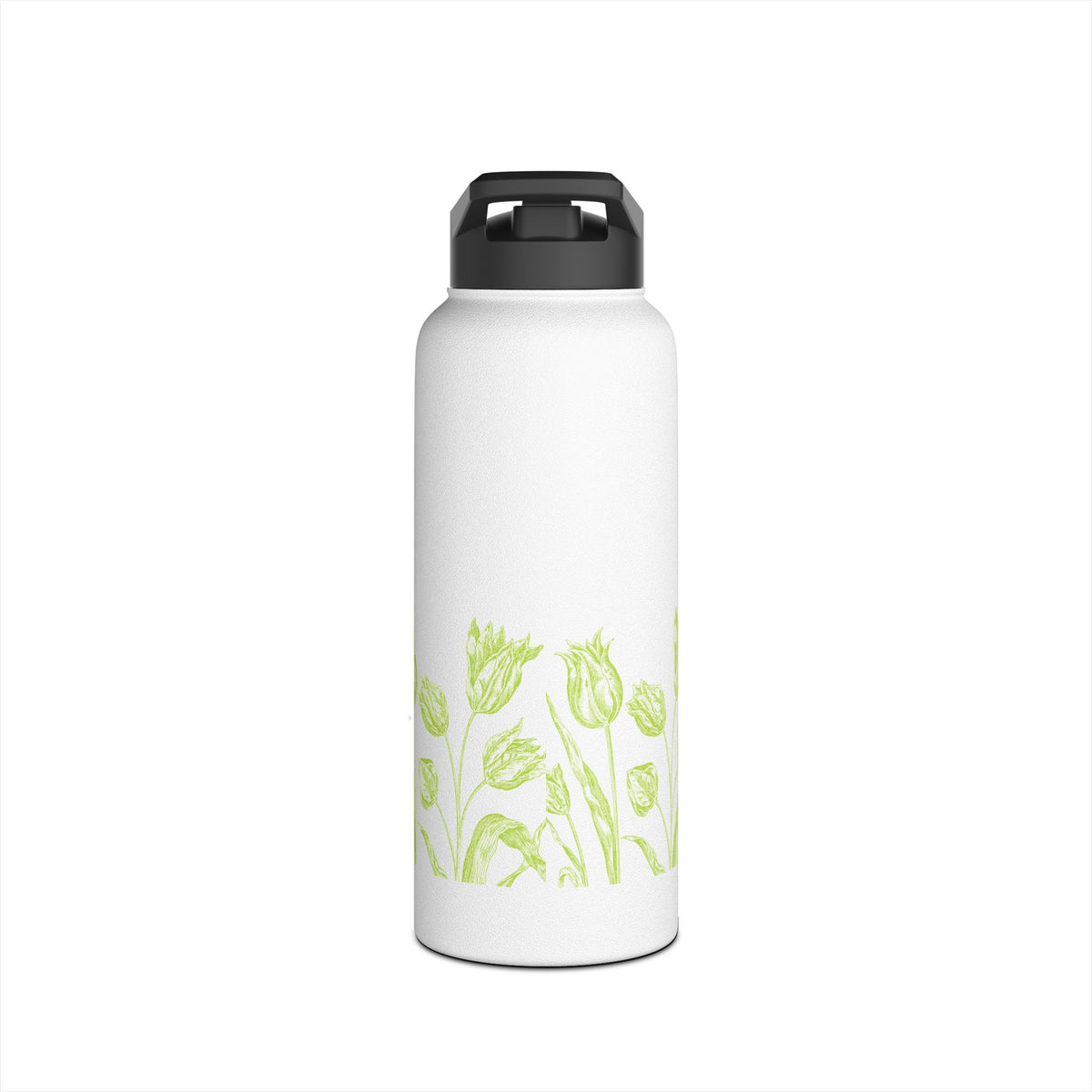 Lime Green Tulip Sketch Stainless Steel Water Bottle | Floral Botanical
