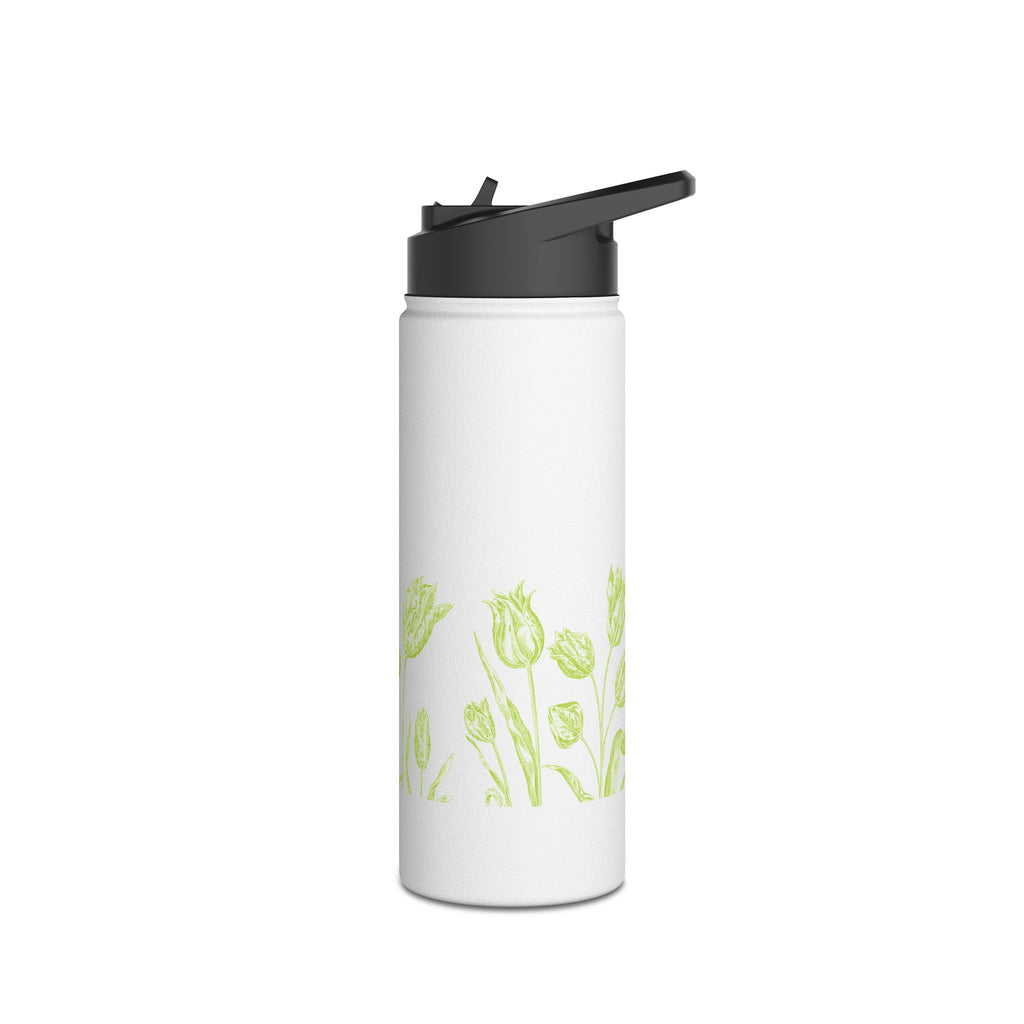Lime Green Tulip Sketch Stainless Steel Water Bottle | Floral Botanical