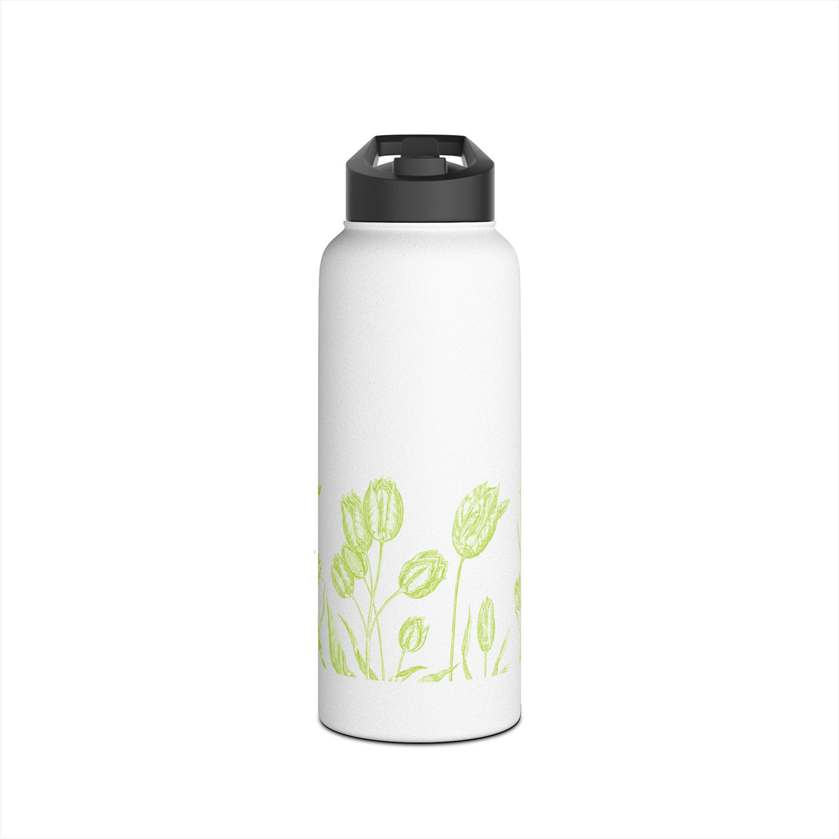 Lime Green Tulip Sketch Stainless Steel Water Bottle | Floral Botanical
