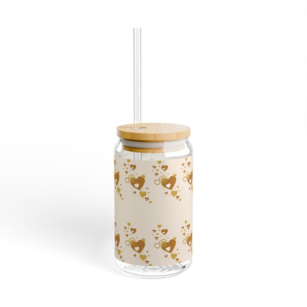 Brown Heart Pattern Sipper Glass | 16oz Bamboo Lid Straw
