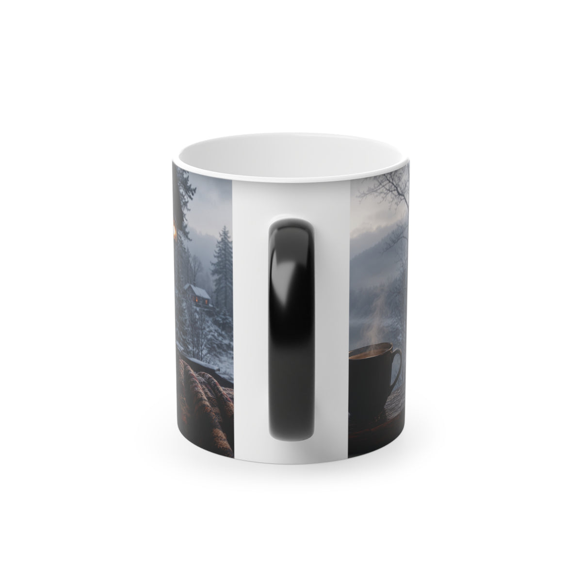 Cozy Lakeside Cabin Winter Scene Mug | Foggy Mountain Morning with Coffee