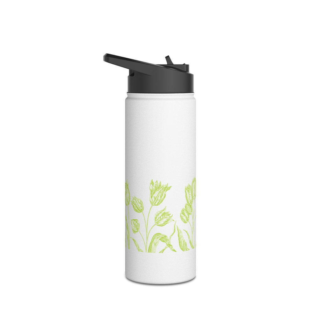 Lime Green Tulip Sketch Stainless Steel Water Bottle | Floral Botanical